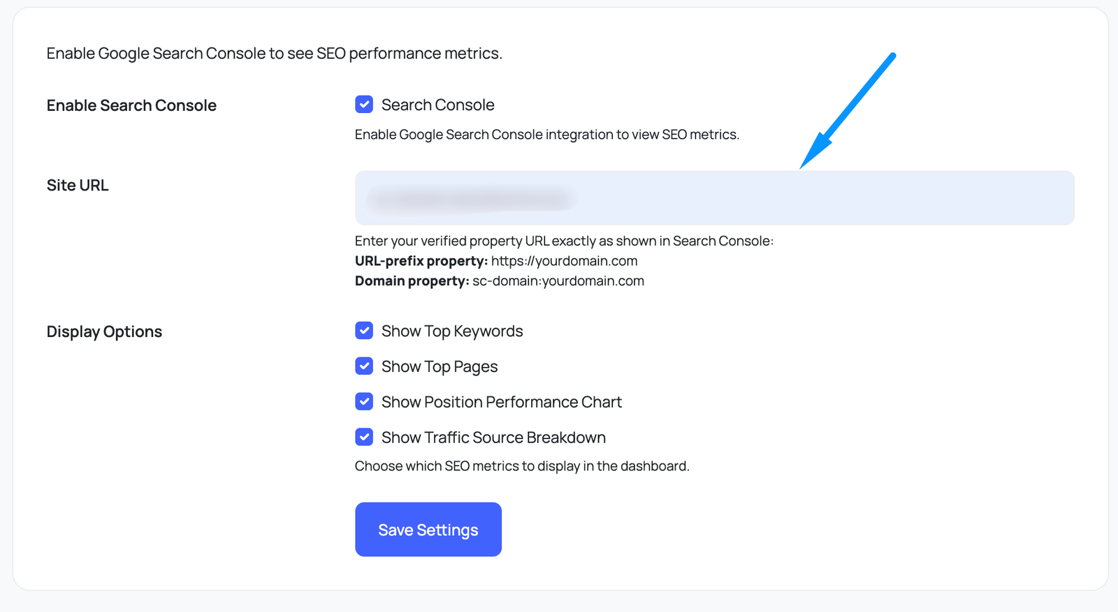 Search Console settings tab