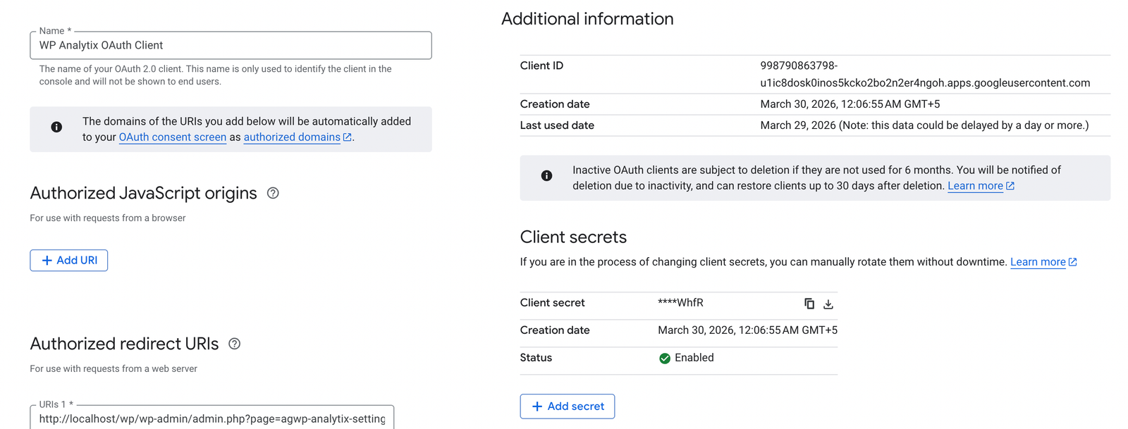 Create OAuth Client ID form