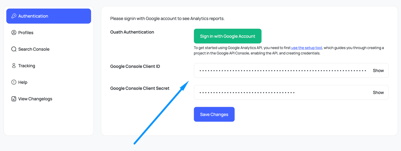 WP Analytix Settings — Authentication tab