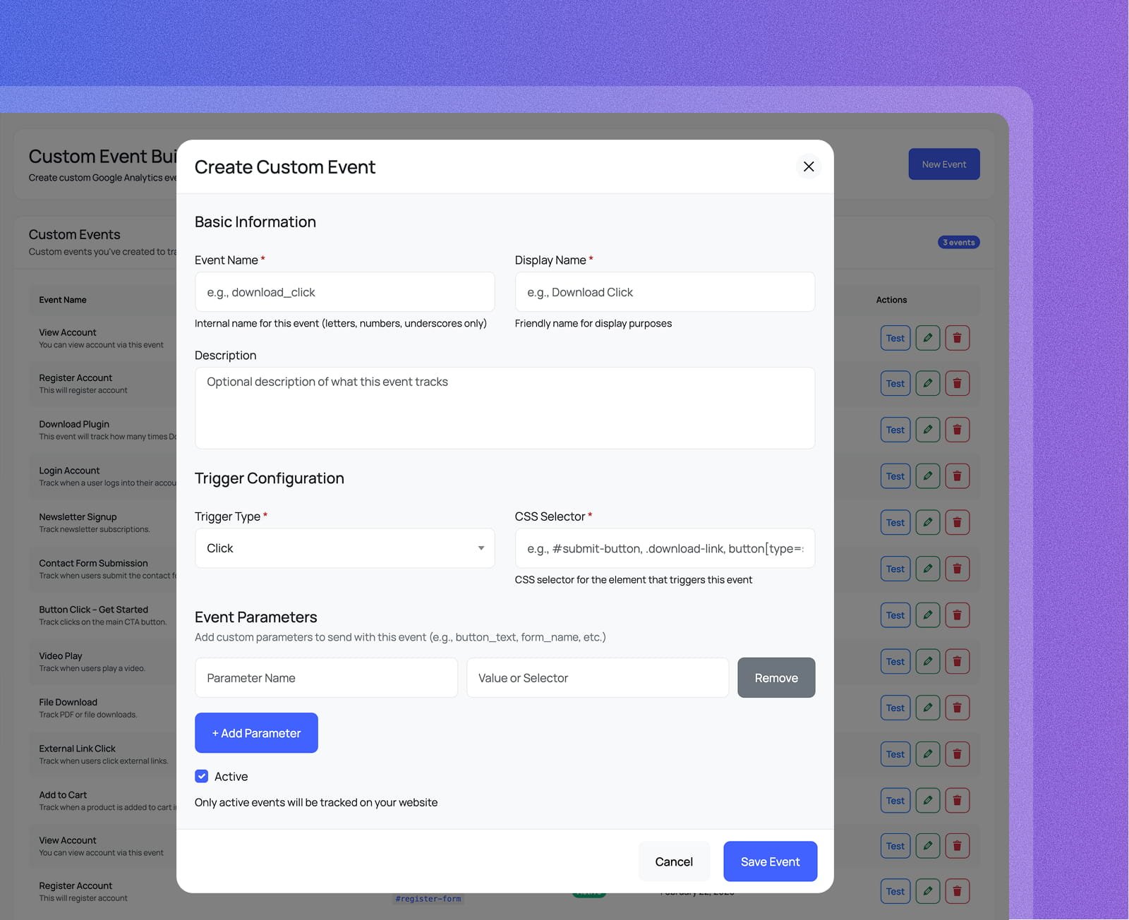 Create Custom Event modal in WordPress