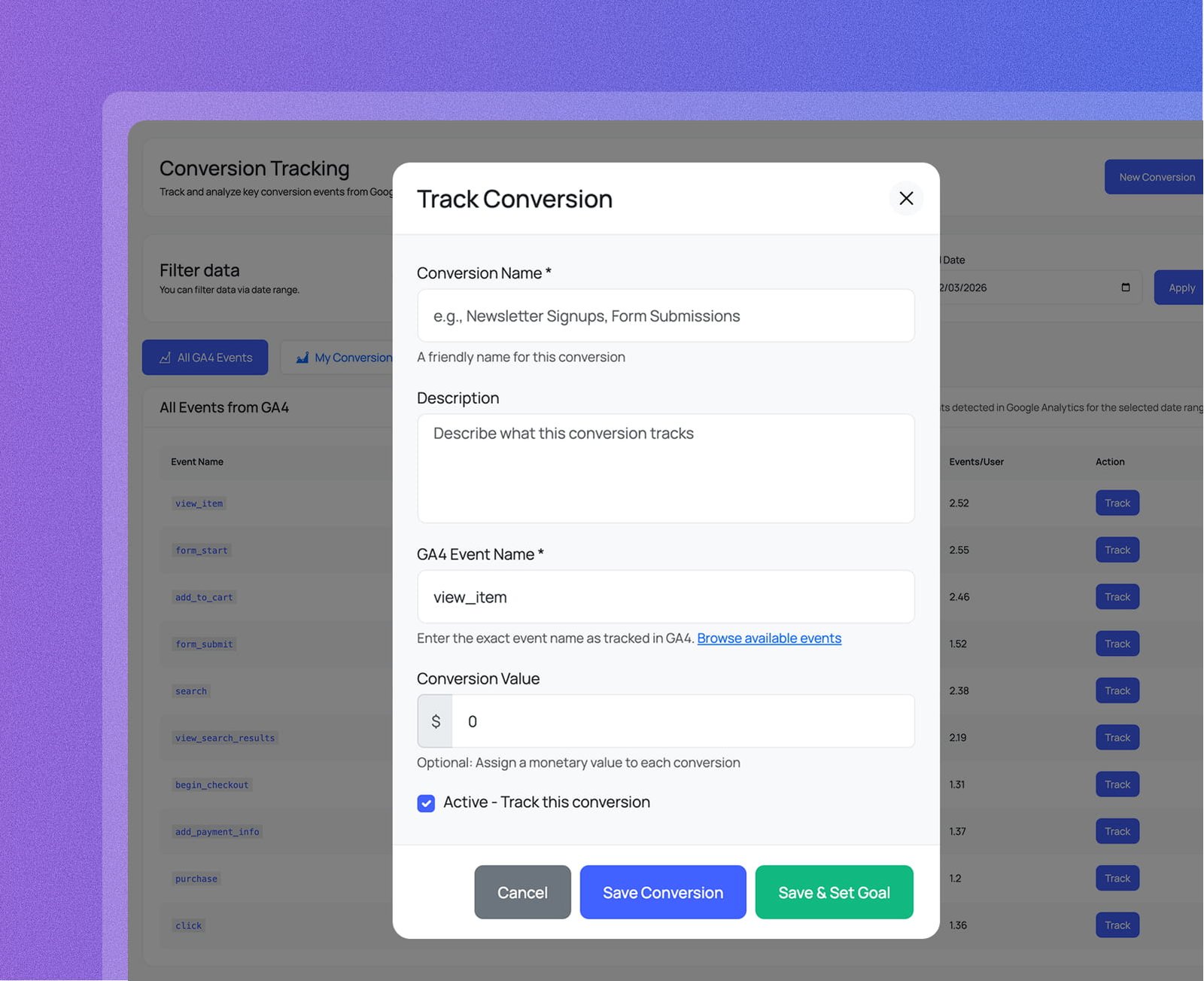 Turn any GA4 event into a tracked conversion in seconds